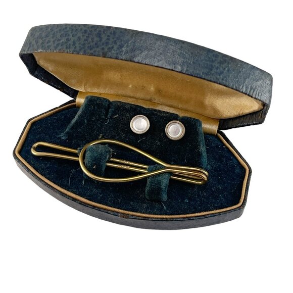 Tie Clip 10K Gold Filled and Mother of Pearl Tuxedo Buttons in Leather Box - Picture 2 of 11